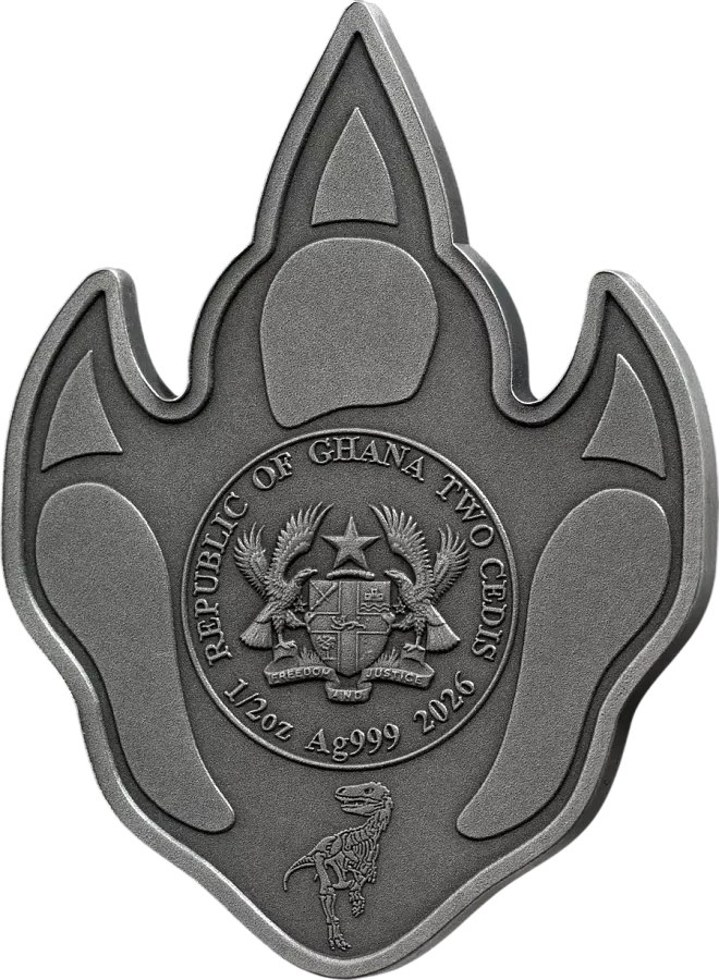 Монета "Форма отпечатка ноги тираннозавра", 2026 г., Серебро, 15,55 гр., проба 999, ГАНА