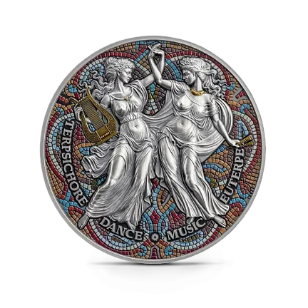 Монета "Терпсихора и Эвтерпа. Девять Муз", 2025 г., Серебро, 62,2 гр., проба 999, КАМЕРУН