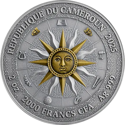 Монета "Мельпомена и Талия. Девять Муз", 2025 г., Серебро, 62,2 гр., проба 999, КАМЕРУН